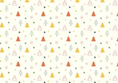 Noel ağaçları, kar taneleri, arka plan. Beyaz Noel ağaçları ve krema arka planında kar taneleri olan vektör, düz desen.