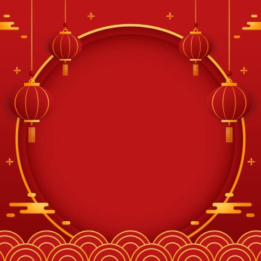 Happy Chinese new year 2024. Chinese new year banner with circle for show product. Greeting card. China frame with lantern on red background.