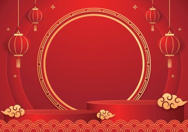 Mutlu Çin Yeni Yılı 2024. Çin yeni yıl afişi, gösteri için daire şeklinde. Tebrik kartı. Kırmızı zemin üzerinde fener bulunan Çin çerçevesi.