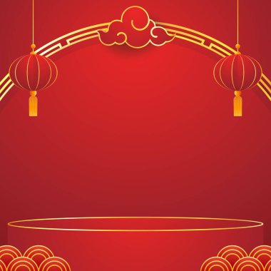Happy Chinese new year 2024. Chinese new year banner with circle for show product. Greeting card. China frame with lantern on red background.