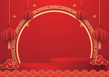 Happy Chinese new year 2024. Chinese new year banner with circle for show product. Greeting card. China frame with lantern on red background.