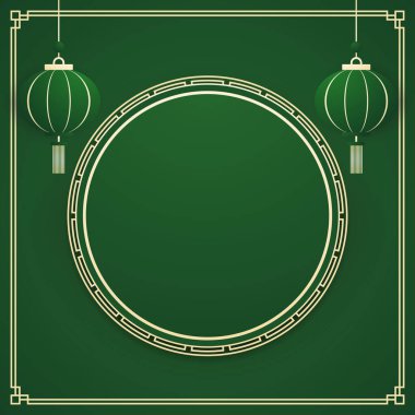 Mutlu Çin Yeni Yılı 2024. Çin yeni yıl afişi, gösteri için daire şeklinde. Tebrik kartı. Yeşil arka planda fener bulunan Çin çerçevesi.