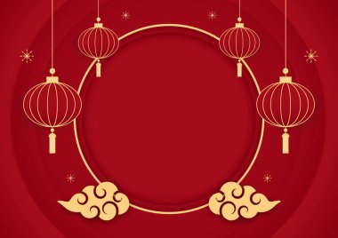 Happy Chinese new year 2024. Chinese new year banner with circle for show product. Greeting card. China frame with lantern on red background.