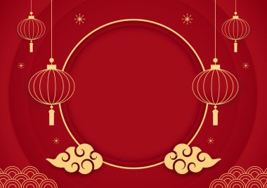 Happy Chinese new year 2024. Chinese new year banner with circle for show product. Greeting card. China frame with lantern on red background.