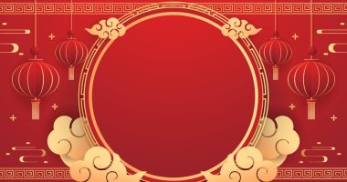 Happy Chinese new year 2024. Chinese new year banner with circle for show product. Greeting card. China frame with lantern on red background.