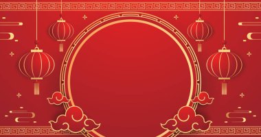 Happy Chinese new year 2024. Chinese new year banner with circle for show product. Greeting card. China frame with lantern on red background.