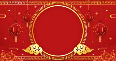 Happy Chinese new year 2024. Chinese new year banner with circle for show product. Greeting card. China frame with lantern on red background.