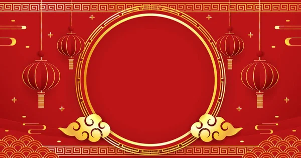 Happy Chinese new year 2024. Chinese new year banner with circle for show product. Greeting card. China frame with lantern on red background.