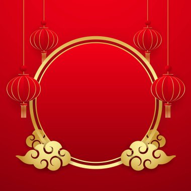 Happy Chinese new year 2024. Chinese new year banner with circle for show product. Greeting card. China frame with lantern on red background.