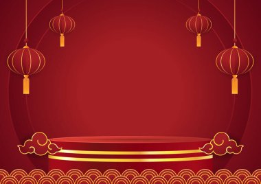 Happy Chinese new year 2024. Chinese new year banner with circle for show product. Greeting card. China frame with lantern on red background.