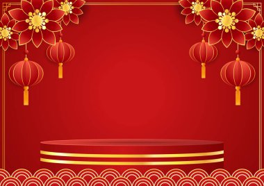 Happy Chinese new year 2024. Chinese new year banner with circle for show product. Greeting card. China frame with lantern on red background.