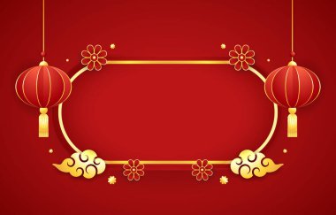 Happy Chinese new year 2024. Chinese new year banner with circle for show product. Greeting card. China frame with lantern on red background.