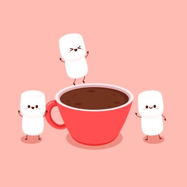 Komik marşmelov karakterleri ve kremalı sıcak çikolata. Şekerlemeler karakter tasarımı. Tatlı çizgi filmi. Kek ile kırmızı bardak..