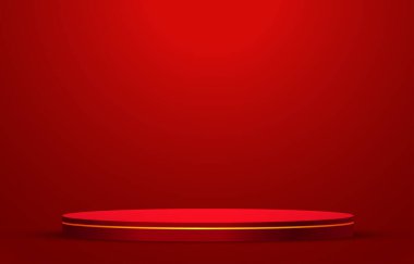 Kırmızı gerçekçi 3D silindir kaidesel podyum. Parlayan ışık yarı daire arkaplan. Ürünlerin sergilenmesi ve tanıtımı için kırmızı minimal duvar sahnesi. Geometrik platformlu vektör soyut stüdyo odası.