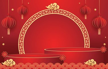 Kırmızı gerçekçi 3D silindir kaidesel podyum. Parlayan ışık yarı daire arkaplan. Ürünlerin sergilenmesi ve tanıtımı için kırmızı minimal duvar sahnesi. Geometrik platformlu vektör soyut stüdyo odası.