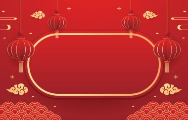 Happy Chinese new year 2024. Chinese new year banner with circle for show product. Greeting card. China frame with lantern on red background.