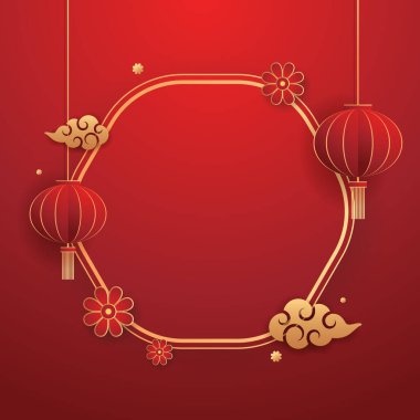Happy Chinese new year 2024. Chinese new year banner with circle for show product. Greeting card. China frame with lantern on red background.