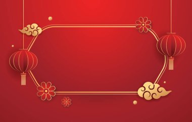 Happy Chinese new year 2024. Chinese new year banner with circle for show product. Greeting card. China frame with lantern on red background.