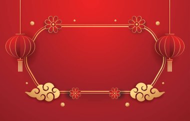 Happy Chinese new year 2024. Chinese new year banner with circle for show product. Greeting card. China frame with lantern on red background.