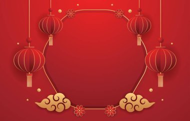 Happy Chinese new year 2024. Chinese new year banner with circle for show product. Greeting card. China frame with lantern on red background.