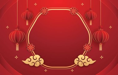 Happy Chinese new year 2024. Chinese new year banner with circle for show product. Greeting card. China frame with lantern on red background.