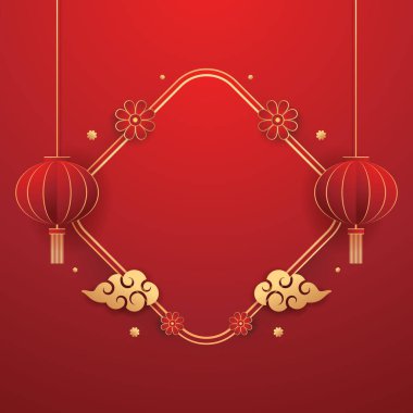 Happy Chinese new year 2024. Chinese new year banner with circle for show product. Greeting card. China frame with lantern on red background.