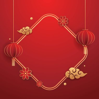 Happy Chinese new year 2024. Chinese new year banner with circle for show product. Greeting card. China frame with lantern on red background.