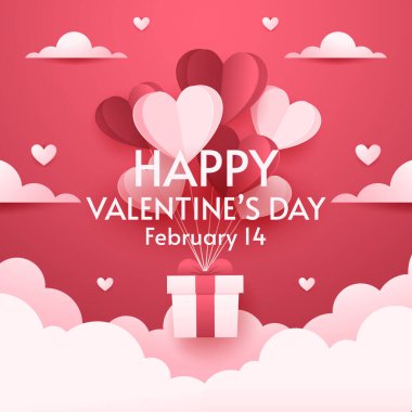 Valentine's Day Banner. Happy Valentine's Day greeting card design. Holiday banner with hot air heart balloon. Paper art and digital craft style illustration.