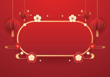 Happy Chinese new year 2024. Chinese new year banner with circle for show product. Greeting card. China frame with lantern on red background.