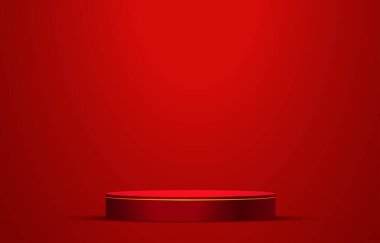 Kırmızı gerçekçi 3D silindir kaidesel podyum. Parlayan ışık yarı daire arkaplan. Ürünlerin sergilenmesi ve tanıtımı için kırmızı minimal duvar sahnesi. Geometrik platformlu vektör soyut stüdyo odası.