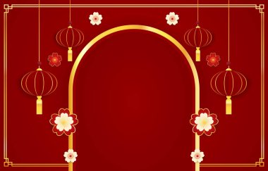 Mutlu Çin Yeni Yılı 2024. Çin yeni yıl afişi. Tebrik kartı. Kırmızı zemin üzerinde fener bulunan Çin çerçevesi.