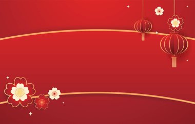 Mutlu Çin Yeni Yılı 2024. Çin yeni yıl afişi. Tebrik kartı. Kırmızı zemin üzerinde fener bulunan Çin çerçevesi.