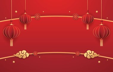 Mutlu Çin Yeni Yılı 2024. Çin yeni yıl afişi. Tebrik kartı. Kırmızı zemin üzerinde fener bulunan Çin çerçevesi.