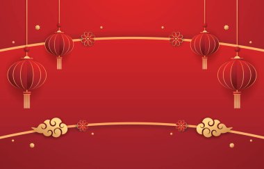 Mutlu Çin Yeni Yılı 2024. Çin yeni yıl afişi. Tebrik kartı. Kırmızı zemin üzerinde fener bulunan Çin çerçevesi.