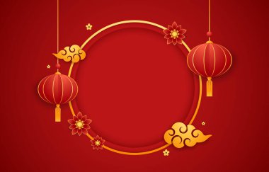 Happy Chinese new year 2024. Chinese new year banner with circle for show product. Greeting card. China frame with lantern on red background.