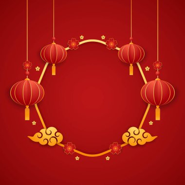 Mutlu Çin Yeni Yılı 2024. Çin yeni yıl afişi. Tebrik kartı. Kırmızı zemin üzerinde fener bulunan Çin çerçevesi.
