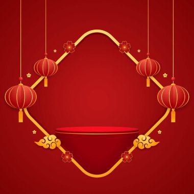 Mutlu Çin Yeni Yılı 2024. Çin yeni yıl afişi. Tebrik kartı. Kırmızı zemin üzerinde fener bulunan Çin çerçevesi.