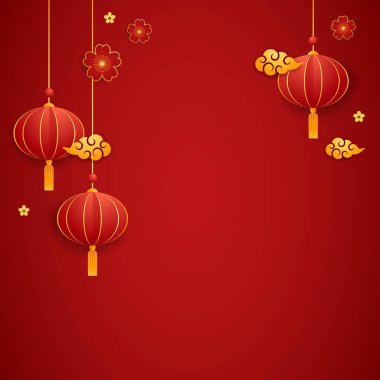 Mutlu Çin Yeni Yılı 2024. Çin yeni yıl afişi. Tebrik kartı. Kırmızı zemin üzerinde fener bulunan Çin çerçevesi.