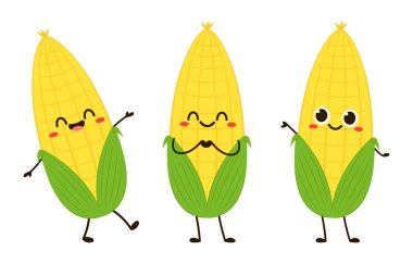 Mısır karikatürü vektörü. Beyaz üzerine izole edilmiş şirin bir sebze vektörü karakteri. Mısır maskotu..