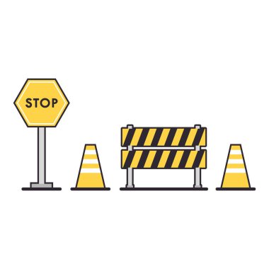 Yol bariyerleri, beyaz arka planda izole edilmiş inşaat vektörü altında, vektör çizimi. Yol işareti vektörü.