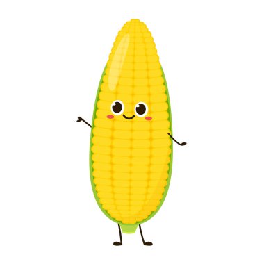 Mısır karikatürü vektörü. Beyaz üzerine izole edilmiş şirin bir sebze vektörü karakteri. Mısır maskotu..