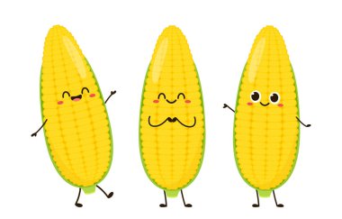 Mısır karikatürü vektörü. Beyaz üzerine izole edilmiş şirin bir sebze vektörü karakteri. Mısır maskotu..