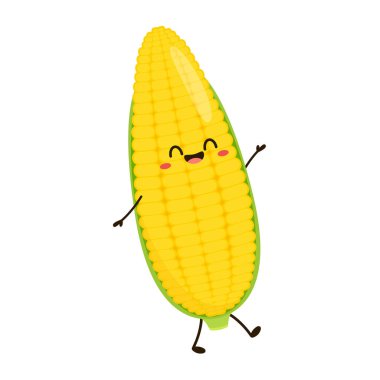 Mısır karikatürü vektörü. Beyaz üzerine izole edilmiş şirin bir sebze vektörü karakteri. Mısır maskotu..