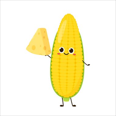 Mısır ve peynir vektörü. Mısır ve Peynir karakter tasarımı. Beyaz arka planda mısır. Küp peynir.