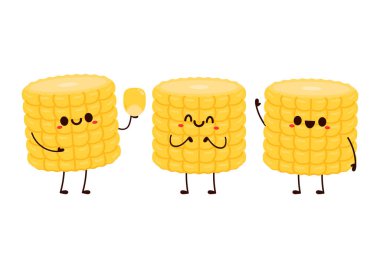 Mısır karikatürü vektörü. Beyaz üzerine izole edilmiş şirin bir sebze vektörü karakteri. Mısır maskotu..