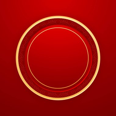 Mutlu Çin Yeni Yılı 2025. Çin yeni yıl afişi, gösteri için daire şeklinde. Tebrik kartı. Kırmızı zemin üzerinde fener bulunan Çin çerçevesi.