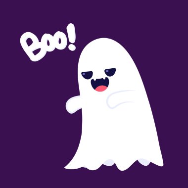 Cadılar Bayramı 'nda şeker mi şaka mı için balkabağı sepeti taşıyan şirin bir hayalet. Tuhaf, ürkünç, yuhalama karakteri. Gülen surat ifadeli hayalet. İzole çocuklar düz vektör çizimi.