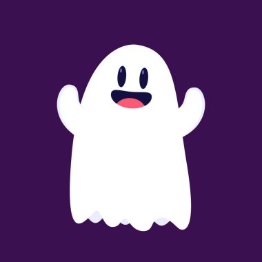 Cadılar Bayramı 'nda şeker mi şaka mı için balkabağı sepeti taşıyan şirin bir hayalet. Tuhaf, ürkünç, yuhalama karakteri. Gülen surat ifadeli hayalet. İzole çocuklar düz vektör çizimi.