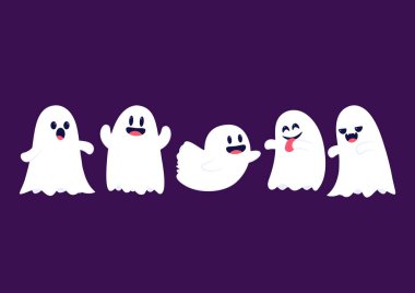 Cadılar Bayramı 'nda şeker mi şaka mı için balkabağı sepeti taşıyan şirin bir hayalet. Tuhaf, ürkünç, yuhalama karakteri. Gülen surat ifadeli hayalet. İzole çocuklar düz vektör çizimi.