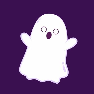 Cadılar Bayramı 'nda şeker mi şaka mı için balkabağı sepeti taşıyan şirin bir hayalet. Tuhaf, ürkünç, yuhalama karakteri. Gülen surat ifadeli hayalet. İzole çocuklar düz vektör çizimi.